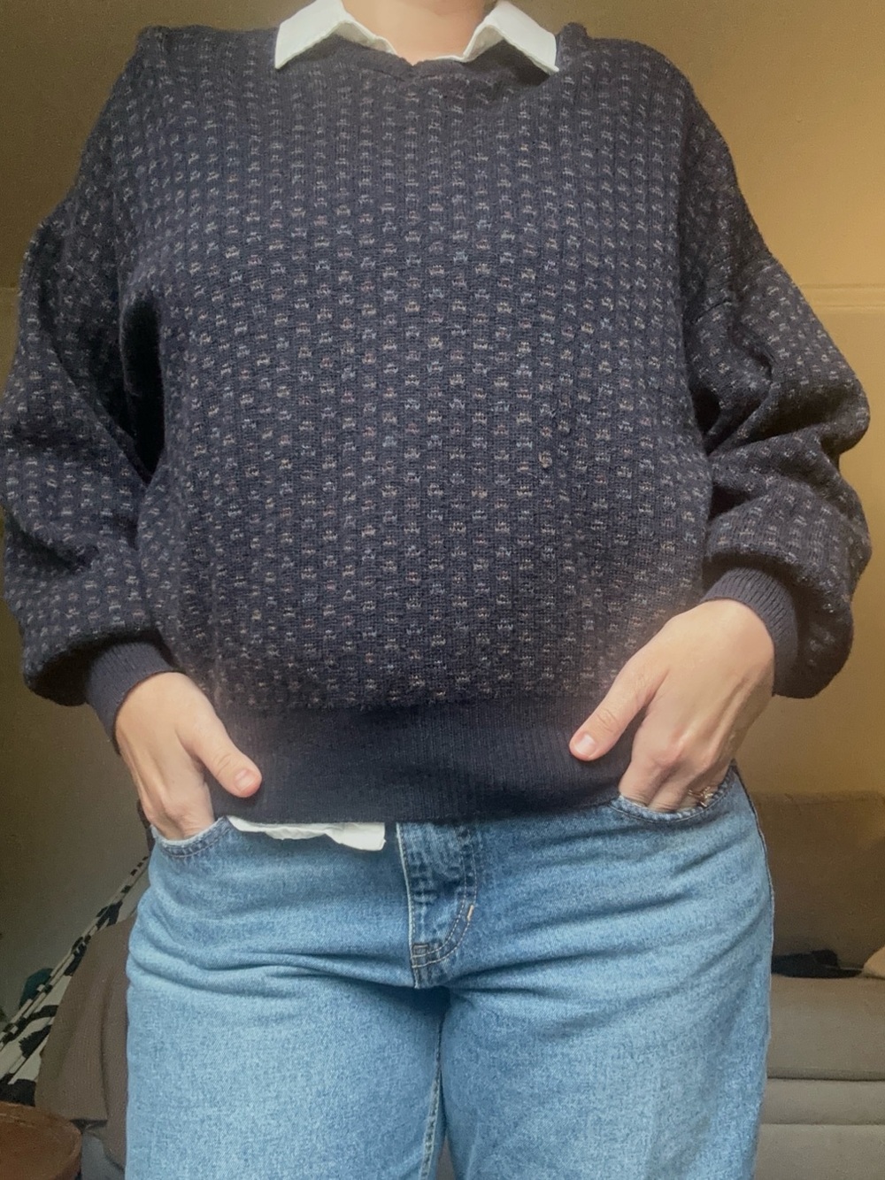 Women's Navy Textured Crewneck Sweater